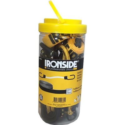 Ironside spændesæt med to spænderemme og otte bagagestropper i et gennemsigtigt plastikglas med gult låg.