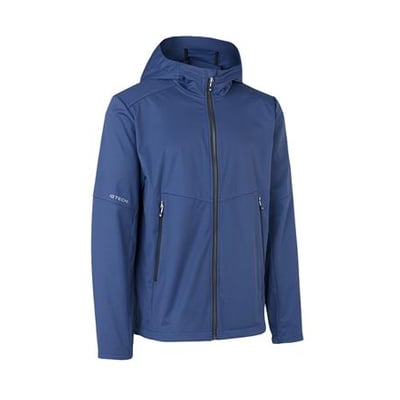 ID Identity stormblå softshell jakke i str. L med hætte og kontrast lynlåsdetaljer på hvid baggrund.