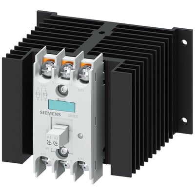 Siemens 3RF2 solid-state kontaktor i 3-faset design, 50A, 48-600V, med integreret køleplade og terminaler til ringkabelsko.