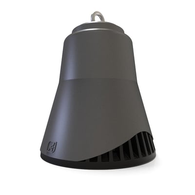 Ansell Lighting Deco HB2 LED pendel i mat grå, vist fra siden med fokus på ventilationsdetaljer og logo.