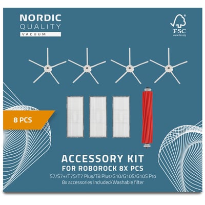 Nordic Quality 8 stk. tilbehørssæt til Roborock, med 1x rød hovedbørste, 4x hvide sidebørster og 3x filtre på blå baggrund.