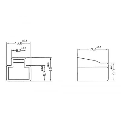 DeLock støvbeskyttelse til RJ45 stik, tekniske tegninger med mål for han-porten, transparent.