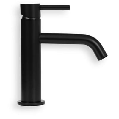Mat sort håndvaskarmatur med cylinderformet base og lige tud med nedadgående bøjning.