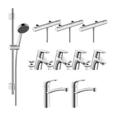 Hansgrohe julepakke med fire Focus 70 armaturer, to Focus 160 køkkenarmaturer, tre Ecostat Element brusetermostater og et Activera S brusersæt.