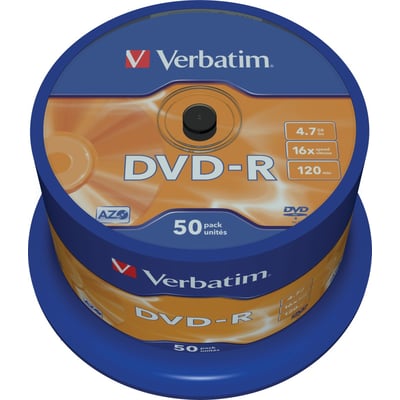 Verbatim DVD-R-medier med AZO-teknologi i blå og orange spindel med 50 stk.; etiketten viser 16x og 4,7 GB.