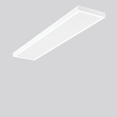 Hvidt RZB Kaleea-armatur med aflang, rektangulær lysflade og on-off-betjening, set skråt forfra.