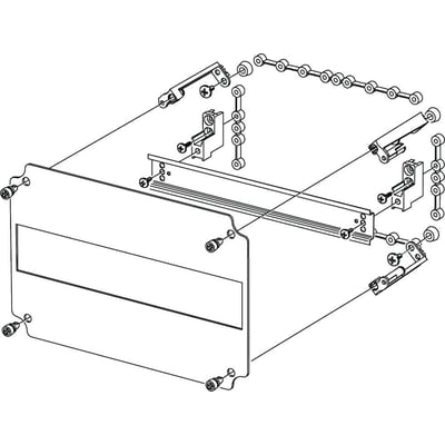 Detaljeret teknisk tegning af Fibox Din-indsats JD-1 med 1x14 moduler, viser monteringsdetaljer og tilbehør.