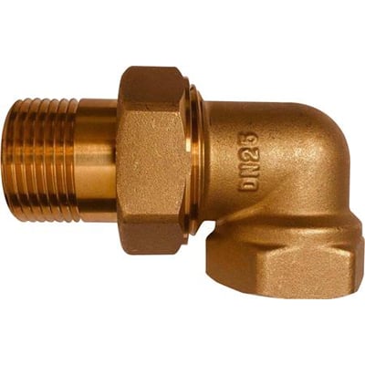 Messing radiatorforskruning i vinkel med ½" gevind og en DN25 markering på siden, fremstillet i CW617 messing.