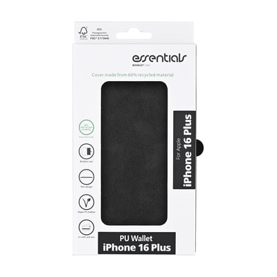 Essentials PU wallet booklet case for iPhone 16 Plus, lavet af 60% genanvendt materiale i sort.
