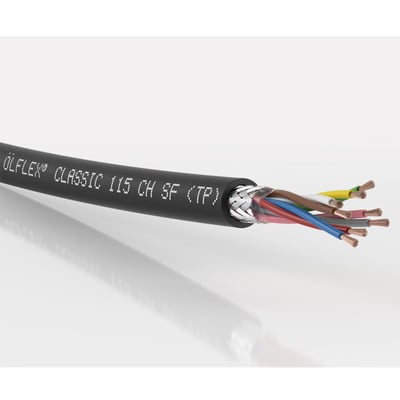 Lapp OLFLEX CLASSIC 115 CH SF (TP) kabel, 3x2x1,5mm, med afskærmning og synlige farvekodede ledere, præsenteret på en hvid overflade med skygge.