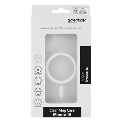 Emballage med Essentials transparent magnetcover til iPhone 16, vist forfra med coveret synligt gennem vinduet.