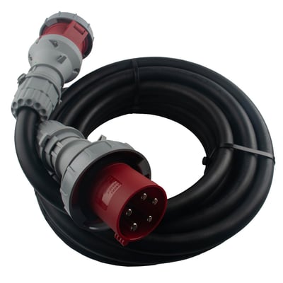25 meter CEE 5P forlængerkabel med 63A strømstyrke, 5g16 H07RN-F kabel og IP67-klassificering.
