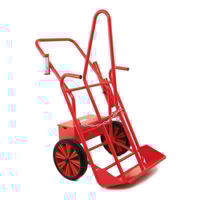 Rød Aga flaskevogn AO/50 med punkterfrie dæk og låsbar værktøjskasse, velegnet til 2 x 50 liter flasker.