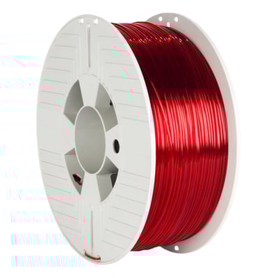 Verbatim PET-G filament til 3D printer på en hvid spole, 1 kg, 1.75mm, i en klar rød transparent farve.