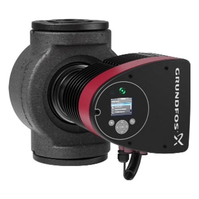 Grundfos MAGNA3 50-40 F cirkulationspumpe i sort og rød med sort pumpehus af støbejern og en digital kontrolboks.