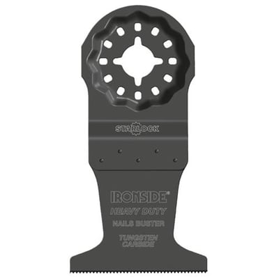 Ironside 44 mm savklinge til multicutter med Starlock-optag, set forfra med mørk klinge og tandet skærekant.