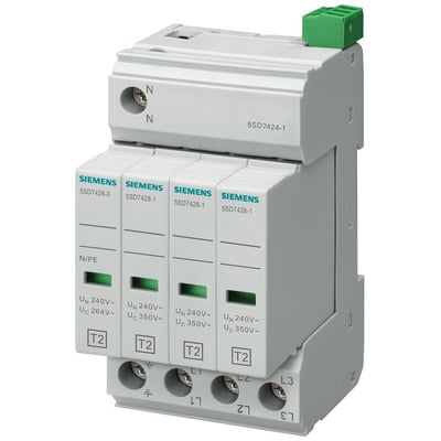 Siemens overspændingsafleder type 2, 5SD7 C/T2/II, 350V TN-S/TT anlæg med 4 poler og grøn indikator.
