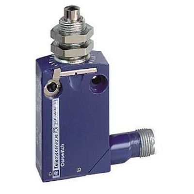 Schneider Electric XCMD endestop i metal med M12 stempel, NO+NC og 5-polet tilslutning, vist på hvid baggrund.