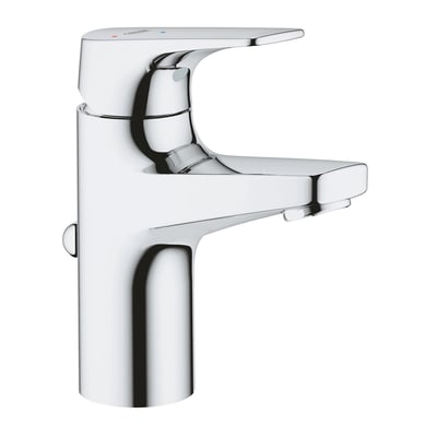 Nærbillede af Grohe Start Flow etgrebsbatteri i skinnende krom, der viser den 89mm brede tud og enkelte grebsfunktion.