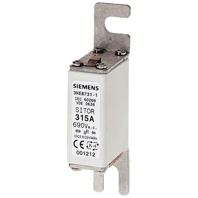Siemens SITOR sikring 3NE8731-1 med bolt-on links, 315A mærkestrøm og 690V AC spænding, fremstillet i Danmark.