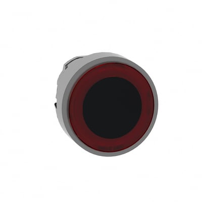 Schneider Electric ZB4 lampetrykhoved med rød LED-ring, Ø22 mm, med krombelagt metalfrontring på hvid baggrund.