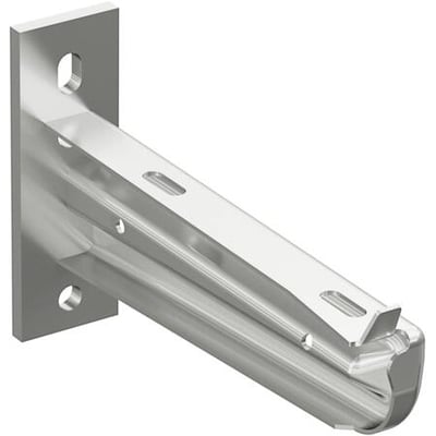 Schneider Electric konsol 50F-200 FZV er en varmgalvaniseret stålbeslag, 200 mm bred, med monteringshuller til væg eller skinne.