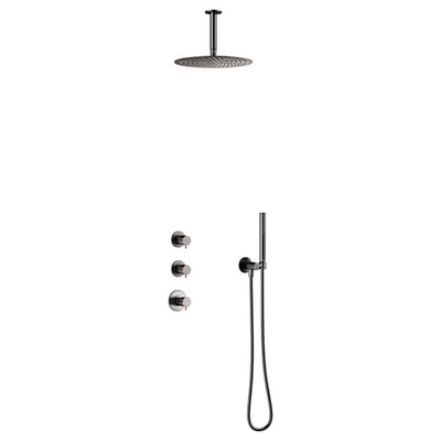 Damixa Iris termostatbatteri i børstet grafit grå, med rund loftmonteret hovedbruser og indbygningsdele med tre greb.