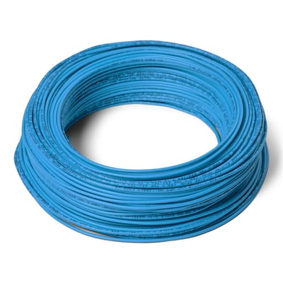 Rulle af lyseblå installationsledning H07Z1-U HF med dimensionen 1x2,5 og mærket R-100.