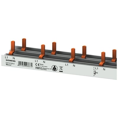 Siemens PIN samleskinne 16mm² med 10mm² tilslutning, fremstillet i Tyskland, med orange stifter og produktinformation på hvid baggrund.