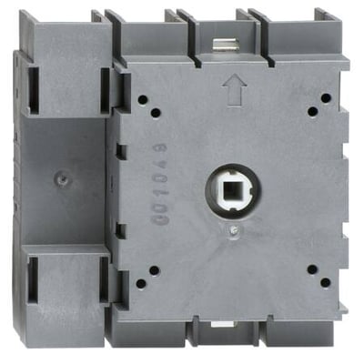 ABB 4-polet lastafbryder 100A vist bagfra, med firkantet spindehul og IP20 mærkning.