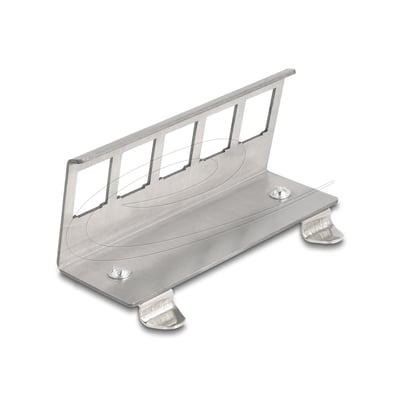 Delock Keystone-holder i sølvfarvet metal med plads til fem moduler, set skråt forfra.