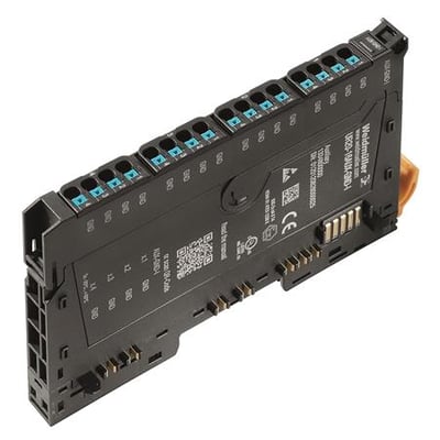 Weidmüller UR20-16AUX-GND-I potentiale distributionsmodul, viser PUSH-IN terminaler og mærkning på sort plastkabinet.