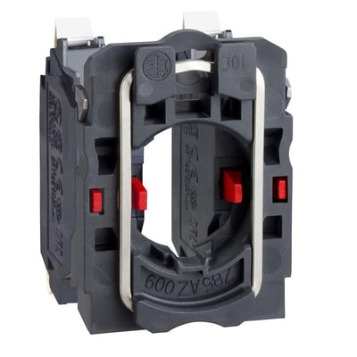 Schneider Electric kontaktkrop ZB5AZ1045 med 2xNC fjederterminaler, viser sideprofil med røde trykknapper og metalmonteringsclips.