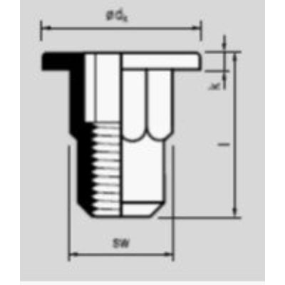 M8x19,0 fladhovedet 6-kantet stål mastergrib vist med dimensioner og tekniske markeringer på grå baggrund.