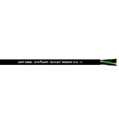 Lapp Olflex Robust 210 4x1 kabel med påtrykt tekst, der viser ledere i grøn/gul, blå, brun og sort. Kablet er på en hvid baggrund.