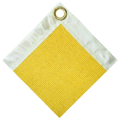 Diesella WLDPRO svejsetæppe i gul 2x3 meter, fremstillet af acryl-belagt glasfiber med messingøje i hjørnet for ophæng.