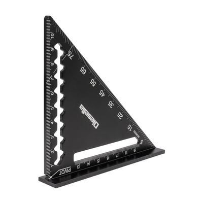 Diesella speedvinkel i aluminium med sort-oxideret finish, 120 x 120 mm, med gradinddeling fra 0-90 grader og "PIVOT" markering.