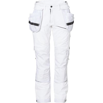 Vinkelbillede af hvid håndværkerbuks Evolve med stretch, fremhæver de mange funktionelle lommer og CORDURA-detaljer.