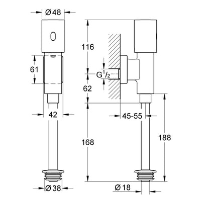 Målskitse af Grohe Tectron Rondo urinal elektronik, viser dimensioner for montering og tilslutning med 6V batteri.