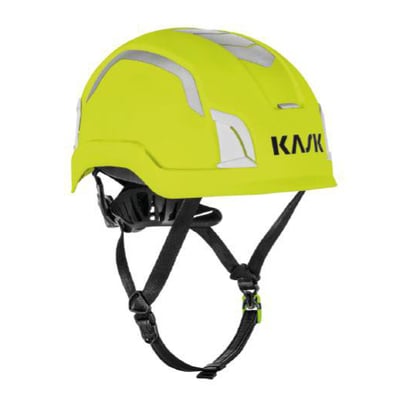 Kask Zenith X Max sikkerhedshjelm i neongul HI-VIZ, set skråt forfra med grå detaljer og sort hagerem.