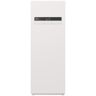 Panasonic WH-ADC0509L3E5AN, en hvid luft/vand hydro-split indedel med en integreret 185 liters varmtvandsbeholder og et digitalt kontrolpanel.