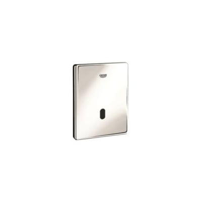 Grohe Tectron Skate elektronisk urinal betjeningsplade i blank krom, set fra siden med fokus på den diskrete infrarøde sensor.