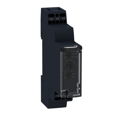 Detaljeret billede af Schneider Electric tidsrelæ RE17RMMWS, viser multifunktionsknapper, tidsindstillinger fra 0,1 sek. til 100 timer.
