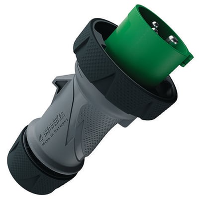 Mennekes PowerTOP Xtra R CEE-stikprop på 16 A med sort, gråt og grønt hus, vist skråt fra siden.