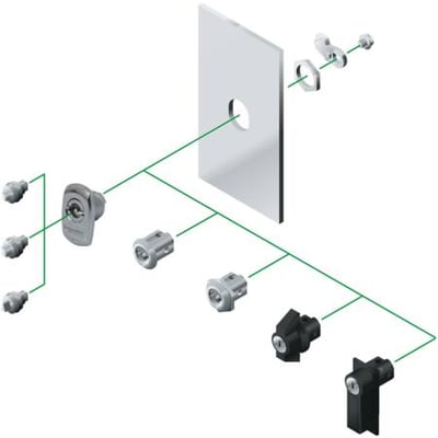 Diagram af Schneider Electric låseindsats med dobbeltap i rustfrit stål, der viser forskellige komponenter og deres forbindelse til en panelplade.