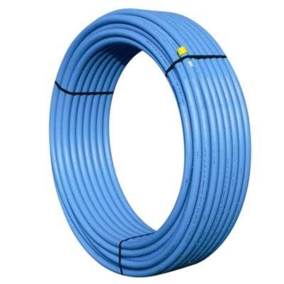 Blåt Uponor PE80-vandtrykrør, Ø25 mm, PN10 og 50 meter, rullet sammen og stående med åbning i midten.