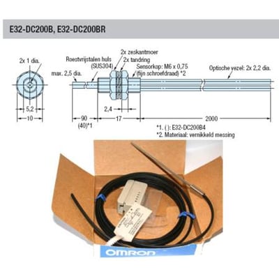 Omron E32-DC200B teknisk tegning med dimensioner og detaljer for fiberoptisk sensorhoved, samt billede af indholdet i papkasse.