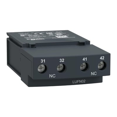 Schneider Electric LUFN02 hjælpekontakt med tydelige NC mærkninger og serienumre på en ensfarvet, lysere grå baggrund.