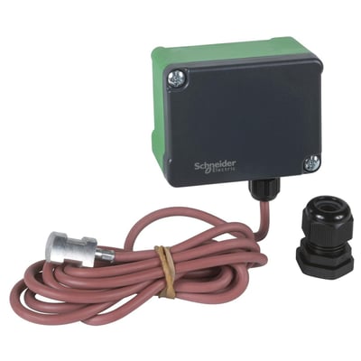 Schneider Electric STC300 temperaturtransmitter med grønt hus, sort låg og tilhørende 4-20 mA kabel og kabelgennemføring.