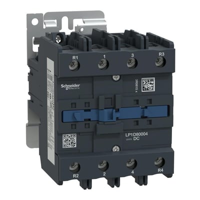 Schneider Electric TeSys D kontaktor, 4-polet, 125A, 24V DC spole, med monteringsbeslag og mærkninger som R1, 1, 3, R3 og LP1D80004.